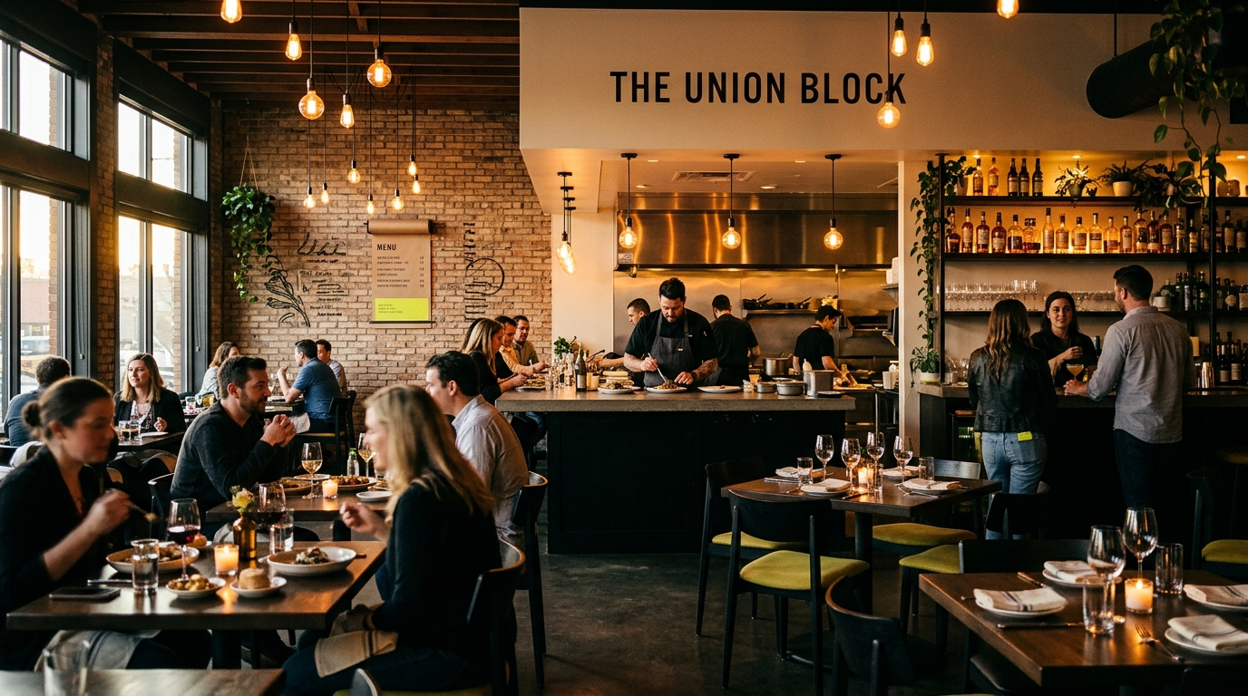 A warmly lit, modern neighborhood restaurant
